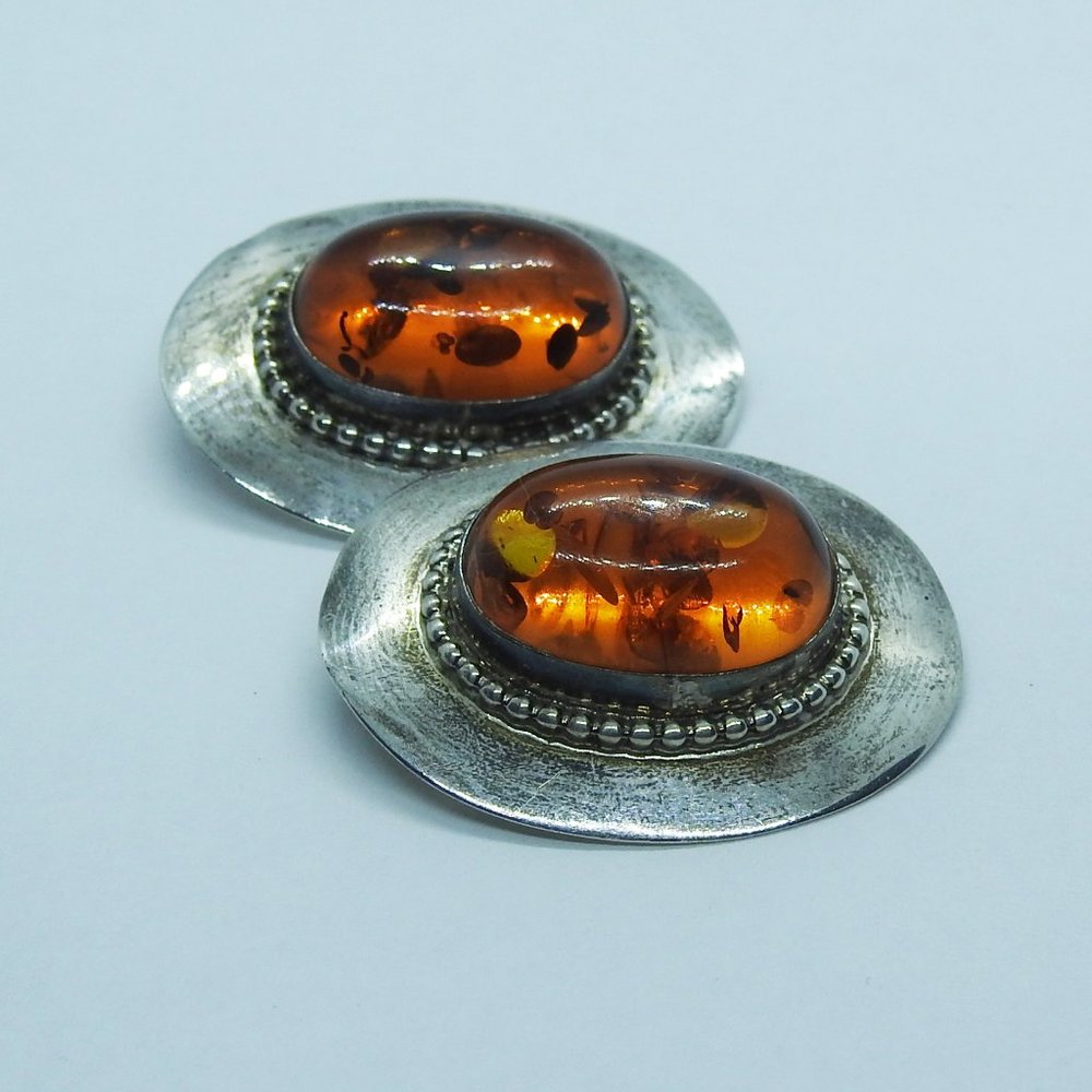 Massive Sterling Baltic Amber Clip Earrings